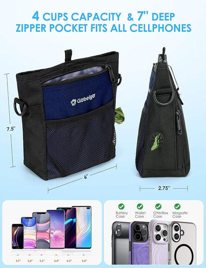 Gobeigo Dog Treat Pouch with Silicone Snack Bag, Front Pocket fits All Phones, 4 Cup Treat Bag with Training Clicker, Upgrade Stronger Magnetic Closure, 3 Ways to Wear Walking Fanny Pack (Navy Blue)