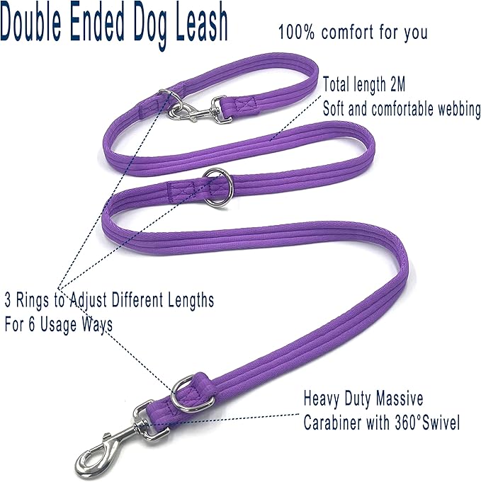 Dog Leash-Multifunctional Double Ended,for Obedience Training Or Distance Work Easy to Use,Lightweight,Soft&Durable Convertible Hands Free,Crossbody,Over Shoulder (Purple, 2M*2.5CM)