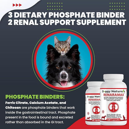 RENARAMAX Dietary Phosphate Binder and Renal Support Supplement for Cats and Dogs Count (Made in U.S.A) (60 Caps)