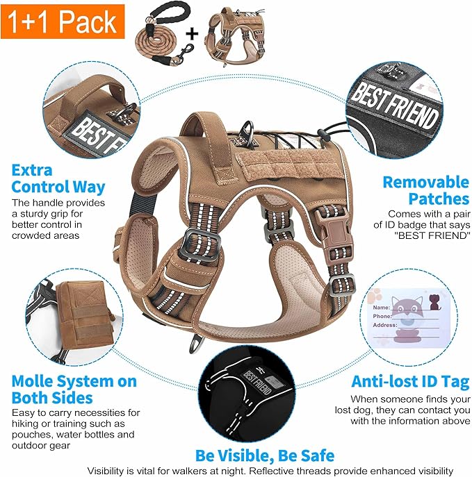 Beebiepet Heavy Duty Tactical Dog Harness for Large Dogs, No Pull Adjustable Pet Harness Reflective Service Training Easy Control Pet Vest Military K9 Working Dog Harnesses- Large, Brown