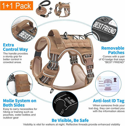 Beebiepet Heavy Duty Tactical Dog Harness for Large Dogs, No Pull Adjustable Pet Harness Reflective Service Training Easy Control Pet Vest Military K9 Working Dog Harnesses- Large, Brown