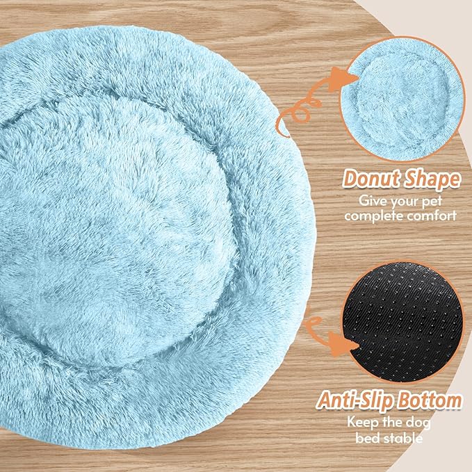 JOLLYVOGUE Calming Dog Bed for Small Dogs - 23 inches Donut Washable Small Dog Bed for Kittens & Puppies, Anti-Slip Round Fluffy Plush Faux Fur Cat Beds (Fits up to 25 lbs Pets, Light Blue)