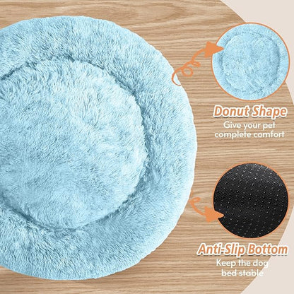 JOLLYVOGUE Calming Dog Bed Large Size Dog, Anti-Anxiety Donut Large Pet Bed, 36 inches Fluffy Faux Fur Round Cat Bed, Fits up to 75 lbs Pets (Light Blue)