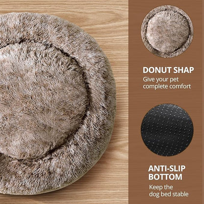 JOLLYVOGUE Calming Dog Bed Medium Size Dog, Anti-Anxiety Donut Medium Pet Bed, 31 inches Fluffy Faux Fur Round Cat Bed, Fits up to 45 lbs Pets (Smoke Brown)