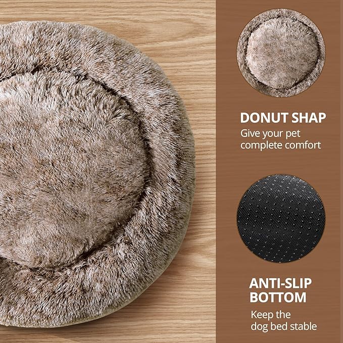 JOLLYVOGUE Calming Dog Bed for Small Dogs - 23 inches Donut Washable Small Dog Bed for Kittens & Puppies, Anti-Slip Round Fluffy Plush Faux Fur Cat Beds (Fits up to 25 lbs Pets, Smoke Brown)