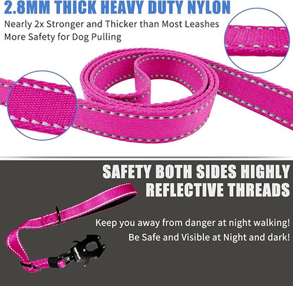 Strong Heavy Duty Dog Leash - Adjustable 15"-18" Reflective Nylon Training Leash with Padded Handle & Frog Clip, Traffic Control for Large Medium Dogs No Pull Walking Hot Pink