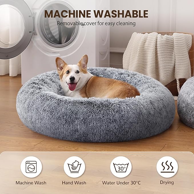 Warmrest Donut Dog Bed Medium Size Dog 36 Inch, Round Cat Beds for Small Medium Dogs and Cats with Washable Fluffy Faux Fur, Cute Comfort Pet Bed with Anti-Slip Bottom, Grey