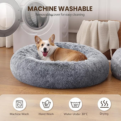 Warmrest Donut Dog Bed Medium Size Dog 36 Inch, Round Cat Beds for Small Medium Dogs and Cats with Washable Fluffy Faux Fur, Cute Comfort Pet Bed with Anti-Slip Bottom, Grey
