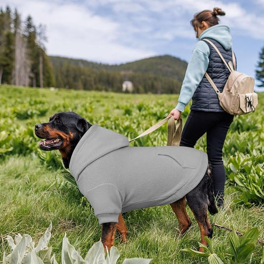 Dog Sweaters for Large Dogs,Dog Hoodie,Warm Fleece Sweatshirt with Hood & Pocket,Leash Hole,Cozy Cold Weather Pet Clothes Sweater Hoodie for Large Dogs(Grey,L)