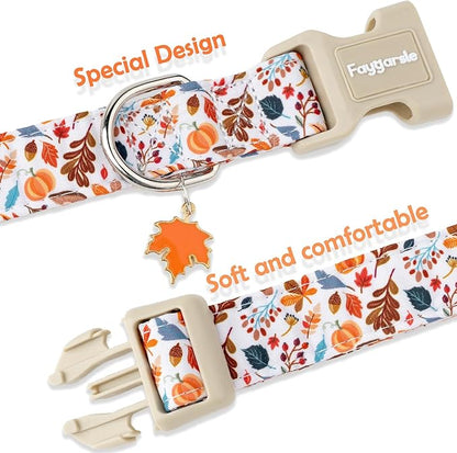 Faygarsle Fall Dog Collar, Autumn Floral Pattern with Maple Leaf Charm, White with Pumpkins and Leaves for Small Medium Large Dogs S