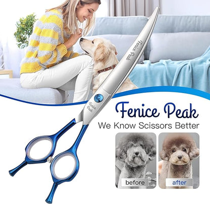 Fenice Peak Grooming Scissors for Dogs 7 inch Curved Pet Grooming Scissors Ergonomically Designed Blue Handles Ideal Dog Shears for Precise Trimming Easy Use.