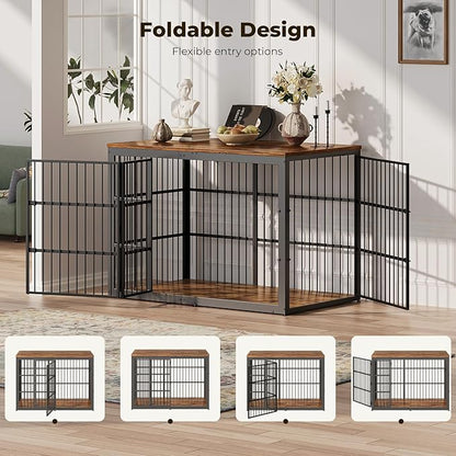 Lyromix 54" Dog Crate Furniture with Foldable Door, XXL Dog Crates for Large Dogs, Wooden Decorative Dog Cage Kennel Indoor End Table, Rustic Brown