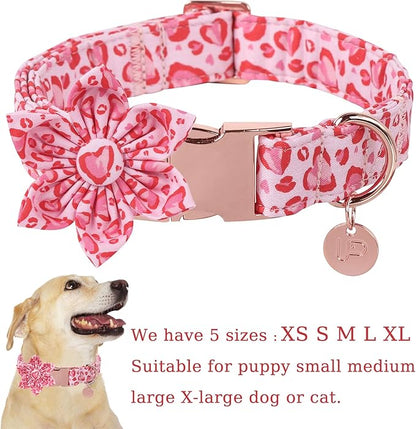 UP URARA PUP Valentine Dog Collar with Flower, Heart Flower Collar for Puppy Girl Boy Dog or Cat, Comfortable Dog Collar Flower with Durable Metal Buckle, Cute Pet Collar,XL, Neck 16-26in