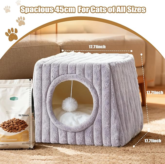 Indoor Cat House - Large Cat Bed Cave with Fluffy Balls and Scratch Pads, Foldable House and Apartment with Pads, Suitable for Multiple Cats (Grey, Large)