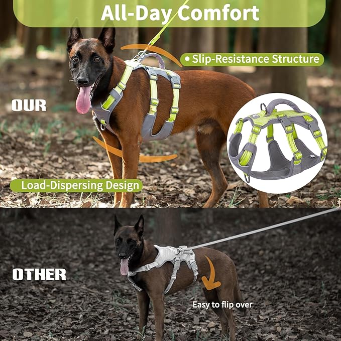 Huntboo Reflective Dog Harness with Handle, Escape Proof, No Slip, Breathable, Lightweight, Adjustable Lift Harness for Small, Medium, and Large Dogs Walking, Training,and Running Gear(Bright Green,L)