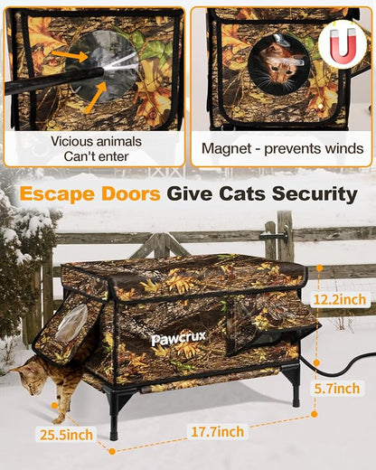 Weatherproof Heated Cat House for Outdoor in Winter, Heated Cat Bed Kitty Shelter with Cat Heating Pad, Insulated & Safe Escape Door, Warm House for Outside Stray Cat (Leaf Color, 17"x25"x17")