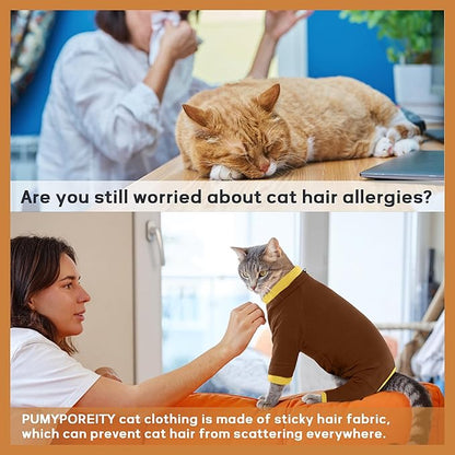 PUMYPOREITY Cat Recovery Suit, Stops Wound Licking After Surgery, Sticky Hair Shirt with Sticky Fabric, Cat Pajamas Prevents Over-Grooming, Brown, S