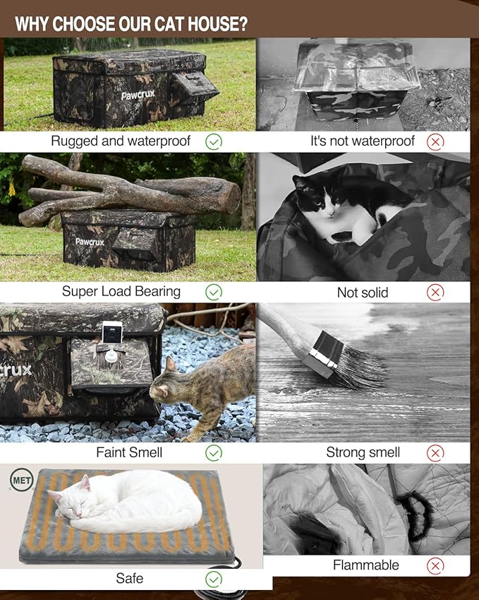 Heated Cat House for Outside with Dual Doors, Insulated Cat House Outdoor with Heating Pad, Weatherproof Heated Outdoor Cats Houses Weatherproof for Feral Cats (Leaf, 17.5" L x 12" W x 13" H)