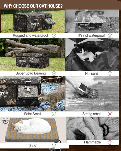 Heated Cat House for Outside with Dual Doors, Insulated Cat House Outdoor with Heating Pad, Weatherproof Heated Outdoor Cats Houses Weatherproof for Feral Cats (Leaf, 17.5" L x 12" W x 13" H)