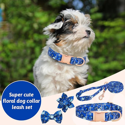 Dog Collar and Leash Set Girls Adjustable Puppy Collars with Floral Bow Tie for Small Medium Large Female Dogs, BluePaisley, XS