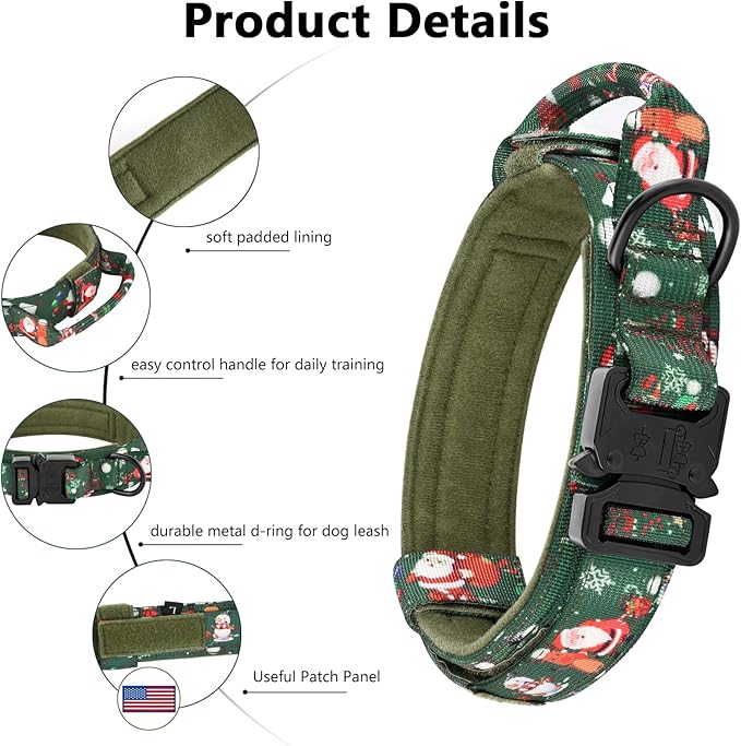 DAGANXI Tactical Dog Collar, Adjustable Military Training Nylon Dog Collar with Control Handle and Heavy Metal Buckle for Medium and Large Dogs, with Patches and Airtags Case (M, Christmas Green-Set)