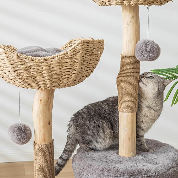 PISARRY Cat Tree Tower, 46 inch Modern Cat Tree for Indoor Cats Large Adult, Luxury Cat Condo with Scratching Post, Real Solid Wood Branch Indoor Boho Furniture, Climbing Tower, Gray
