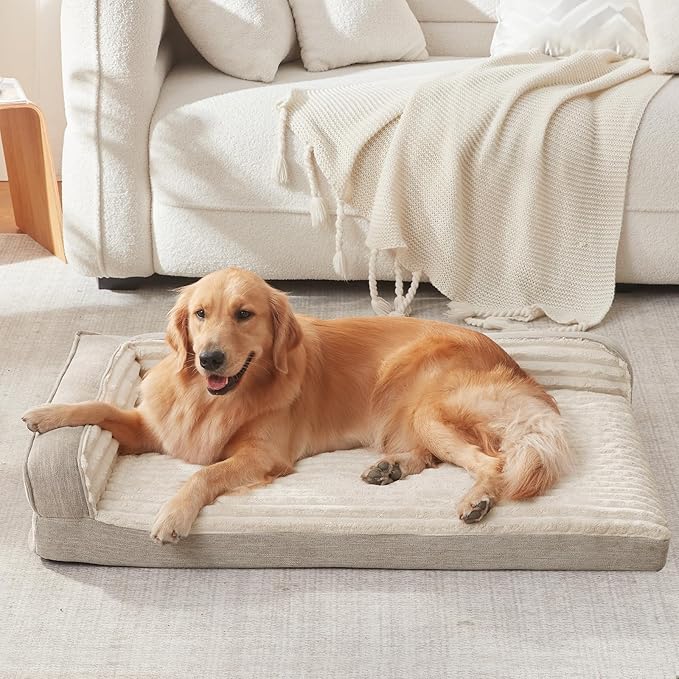 WINDRACING Orthopedic Dog Beds for Medium Dogs, Waterproof Egg Foam Dog Sofa Bed with L Bolster Sides, Washable Medium Pet Bed with Removable Cover & Non-Slip Bottom, 31 x 25 inch, Beige