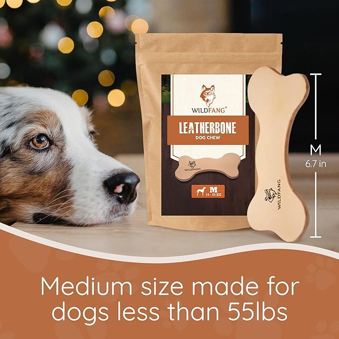 Wildfang® Leather Dog Toy, Medium – Soft Dog Chew Toys for Gentle Chewers, Puppies, Senior or Older Dogs with Sensitive Teeth – Non-Toxic, Stuffless, 5mm Leather Dog Bone for Dogs 22–33 lbs, Pack of 1