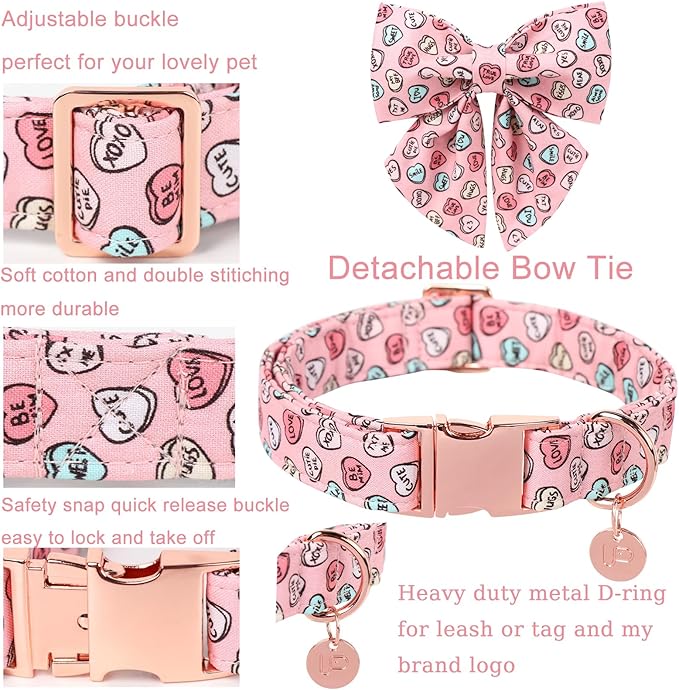 Valentine’s Dog Collar with Bow Tie, Pink Heart Bowtie Collar with Metal Buckle, Valentine’s Gift Pet Collar for Puppy Girl Boy Dog or Cat, Wedding Dog Collar,XL