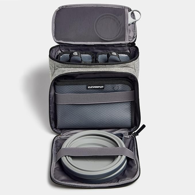 Cleverpup, Large 7-Piece Bistro Box Dog Food Travel Kit, 12-Cup Kibble Storage, 2 Silicone Bowls, Mat & Scoop - Premium Portable Pet Food Kit for Weekends, Overnights, Daycare & Camping, Heather Grey