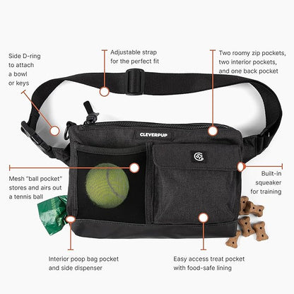 Cleverpup, Dog Walk & Train Sling Bag - Hands-Free 2-In-1 Treat Pouch, Poop Bag Holder, Clicker, Phone Pocket - Crossbody/Fanny Pack, Adjustable Strap - Graphite