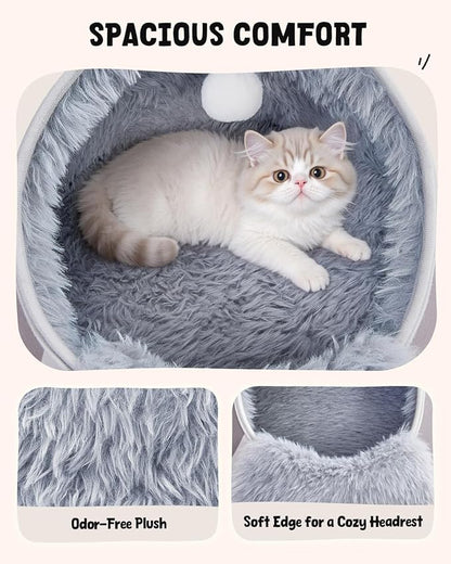 BurgeonNest 20-Inch Round Cat Bed Cave, Enclosed Hooded Pet Bed for Indoor Cats, Cozy Anti-Collapse Cave with Soft Plush, Waterproof EVA Shell, Fully Washable, Shape Retention, Grey