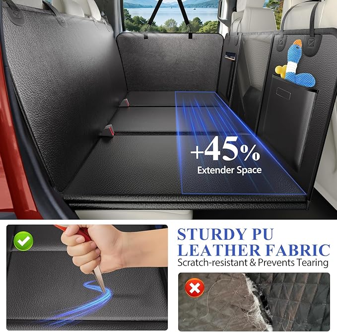 ROUWINNE Back Seat Extender for Dogs Truck-Upgraded PU Leather-Dog Pet Seat Cover Back Seat Hard Bottom 500lbs, Anti-Scratch Dog Hammock for Crew Cab Trucks F150, RAM1500, Sierra, Tundra, Silverado