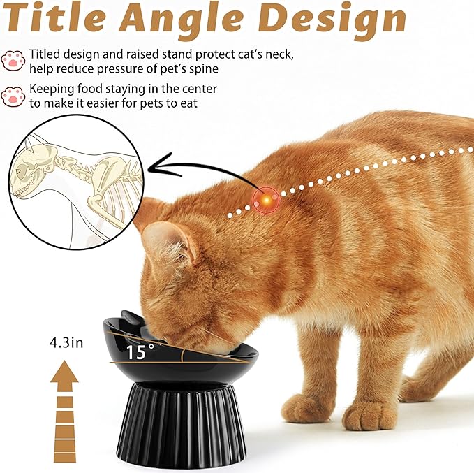 Wellbro Ceramic Raised Cat Bowl，Tilted Raised Bowl Anti Vomit Bowls for Indoor Cats Whisker Friendly Pet Feeder for Cats Puppies, Microwave and Dishwasher Safe