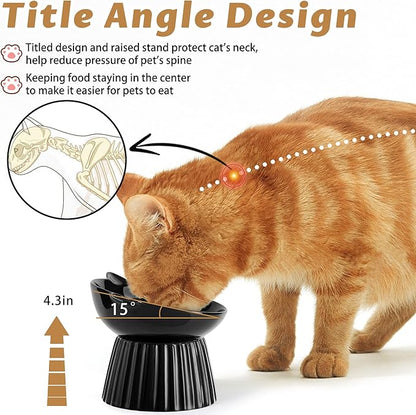 Wellbro Ceramic Raised Cat Bowl，Tilted Raised Bowl Anti Vomit Bowls for Indoor Cats Whisker Friendly Pet Feeder for Cats Puppies, Microwave and Dishwasher Safe