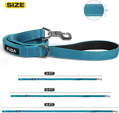 Fida 4 FT Heavy Duty Dog Leash with 2 Comfortable Padded Handles, Traffic Handle & Advanced Easy Snap Hook, Reflective Walking Lead for Large, Medium & Small Breed Dogs, Blue