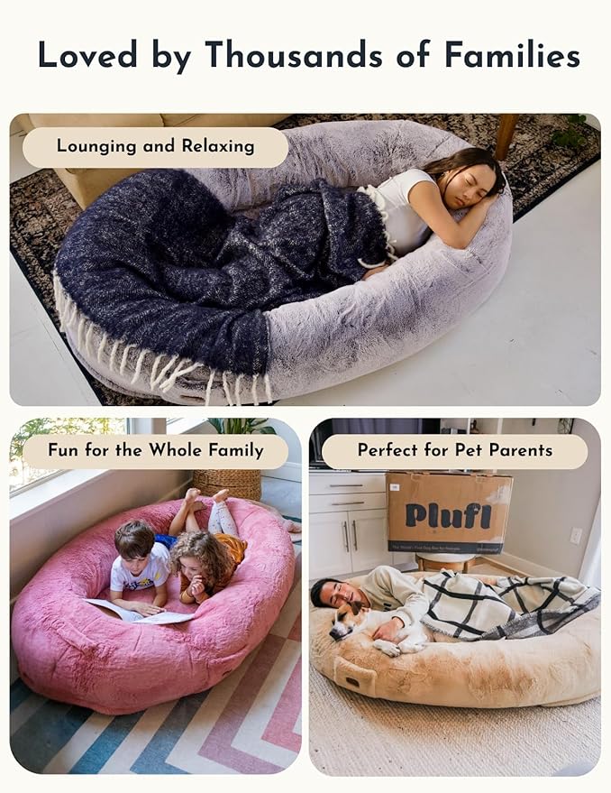 Plufl, The Original Human Dog Bed for Adults, Kids, and Pets. As Seen on Shark Tank. Comfy Plush Large Bean Bag with Memory Foam, Machine Washable, and Durable. Perfect nap and Floor Bed - Arctic Grey