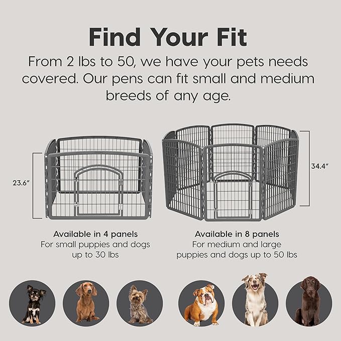 IRIS USA 34" 8-Panel Pet Dog Puppy Playpen with Door, Indoor/Outdoor Dog Pen, 63 x 63 x 34, Foldable, Customizable, Chrome