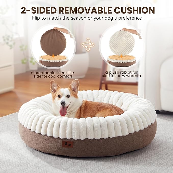 Warmrest Donut Dog Bed Medium Size Dog 36 Inch, Round Cat Beds for Small Medium Dogs and Cats with Washable Fluffy Faux Fur, Cute Comfort Pet Bed with Anti-Slip Bottom, Cream