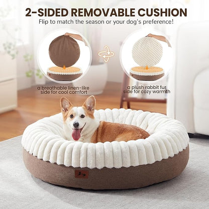 Warmrest Donut Dog Bed Medium Size Dog 36 Inch, Round Cat Beds for Small Medium Dogs and Cats with Washable Fluffy Faux Fur, Cute Comfort Pet Bed with Anti-Slip Bottom, Cream