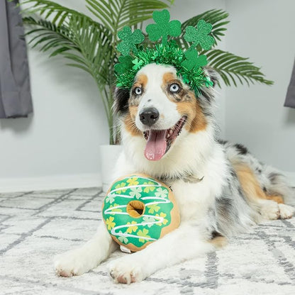 Huxley & Kent Funny Dog Toy w/Squeaker – Power Plush Squeaky Dog Toys for Small, Medium & Large Dogs – Soft Stuffed Animal for Indoor Play & Fetch - Shamrock Donut, Large