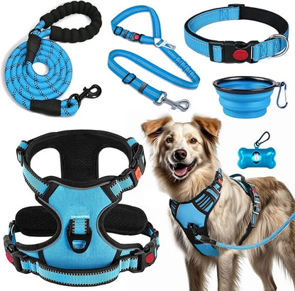 LOBEVE No Pull Dog Harness, Collar & Leash Set | Includes Dog Seat Belt, Collapsible Bowls & Poop Bag Dispenser. Ideal for Training, Walking, Hiking. Fits Small to Large Dogs(Blue-L)