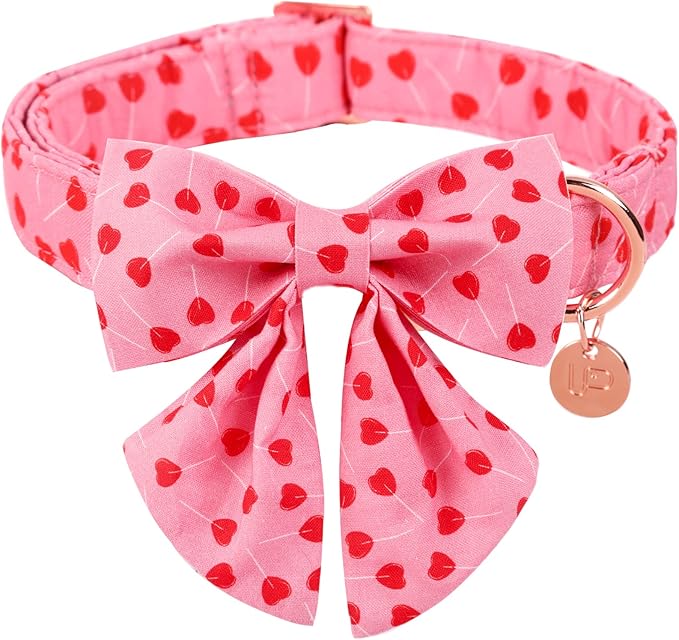 UP URARA PUP Valentine Dog Collar with Bow Tie, XL, Cotton Collar with Durable Metal Buckle, Red Heart, Neck 16-26in