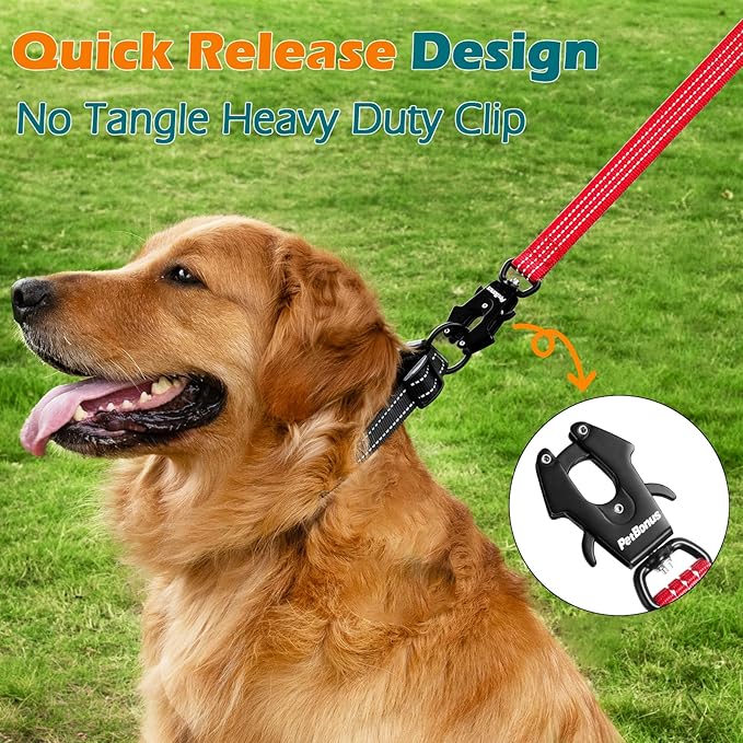 PetBonus Heavy Duty Short Dog Leash, 18 Inch Nylon Traffic Leash with Quick Release Clip, Comfortable Padded Handle, Reflective Training Lead for Medium Large Dogs (Red, 18")