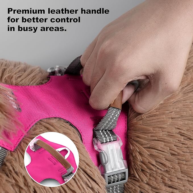 ApakBak No Pull Dog Harness – Adjustable Reflective Nylon Vest for Small Medium Large Dogs, Escape Proof Training Harness with Leather Control Handle, Lightweight Aluminum Hardware (Hot Pink, M)