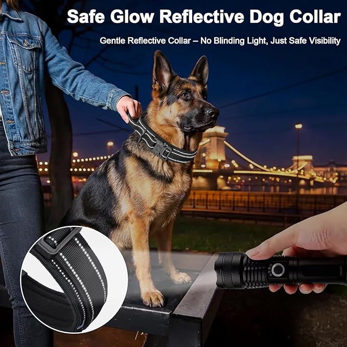 KCUCOP Tactical Dog Collar for Medium & Large Dogs - Military Nylon Heavy Duty Collar with Handle, Reflective Strip & Metal Buckle for Training, Outdoor (Black Reflective, Medium)