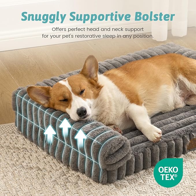 COZY KISS Cute Dog Bed for Medium Dogs, Faux Rabbit Fur Orthopedic Foam Dog Bed with Sides, Removable Washable Cover & Waterproof Lining, Comfortable Pet Couch, Grey (36" L x 27" W x 6.5" Th)