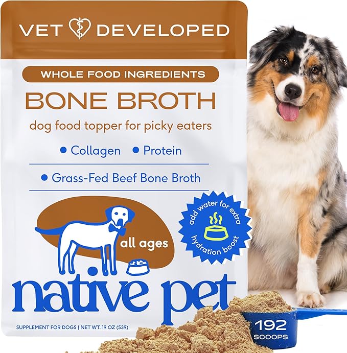 Native Pet Bone Broth for Dogs and Cats - Made with Real Beef Bone Broth, Dog Food Toppers for Picky Eaters- Provides Extra Hydration & Nutrition for Joint Strength, Immunity & Heart Health-192 Scoops