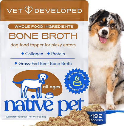 Native Pet Bone Broth for Dogs and Cats - Made with Real Beef Bone Broth, Dog Food Toppers for Picky Eaters- Provides Extra Hydration & Nutrition for Joint Strength, Immunity & Heart Health-192 Scoops