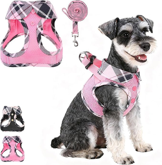 KOOLTAIL Small Dog Harness and Leash Set, Step in No Pull Soft Mesh Padded Pet Vest Harness Collar for Extra Small Size Dogs Cats Boy Girl, Breathable & Lightweight Plaid Puppy Harness, Pink XS